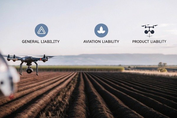 Liability types Drone flying over plowed farmland with liability icons (ID#2)
