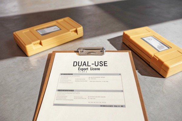 Export license document Clipboard with dual-use export license and yellow cases (ID#4)