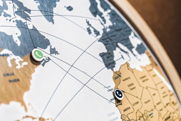 World map with WhatsApp pins marking locations (ID#4)