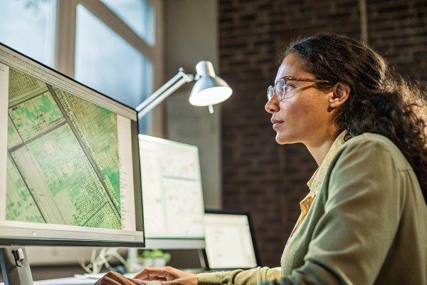 Woman analyzing maps on multiple computer screens (ID#5)