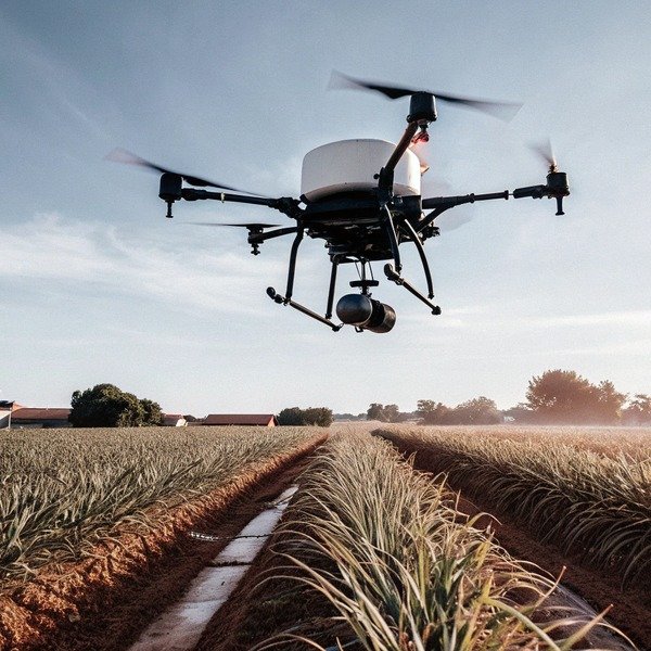 Drone flying over agricultural field at sunset (ID#1)