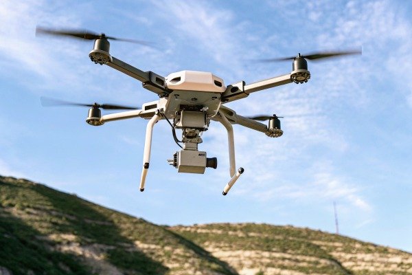 White drone flying over green hills (ID#3)