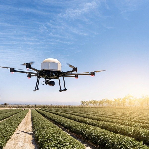 Drone flying over agricultural field at sunrise (ID#1)