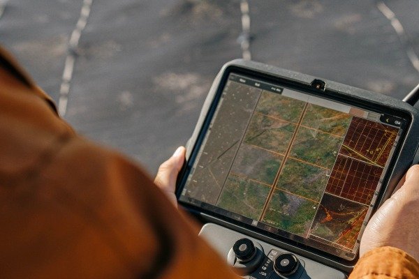 Person holding drone controller with map on screen (ID#2)