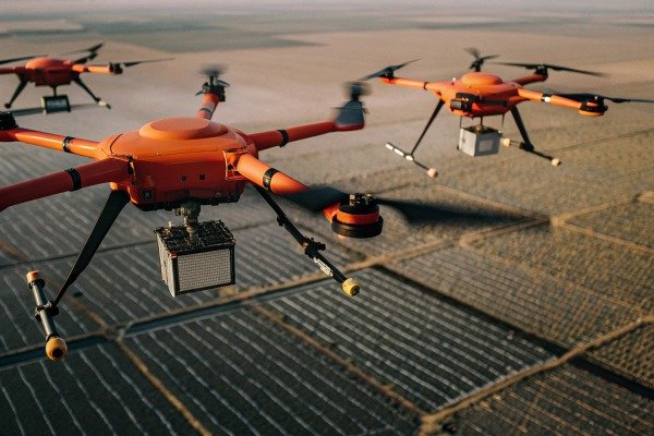 Orange drones flying over farmland aerial view (ID#3)