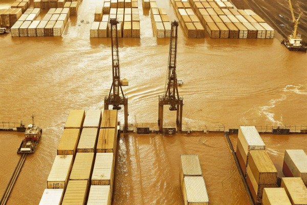 Aerial view of shipping containers and cranes (ID#4)