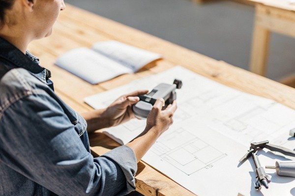 Person inspecting drone parts with blueprints (ID#5)