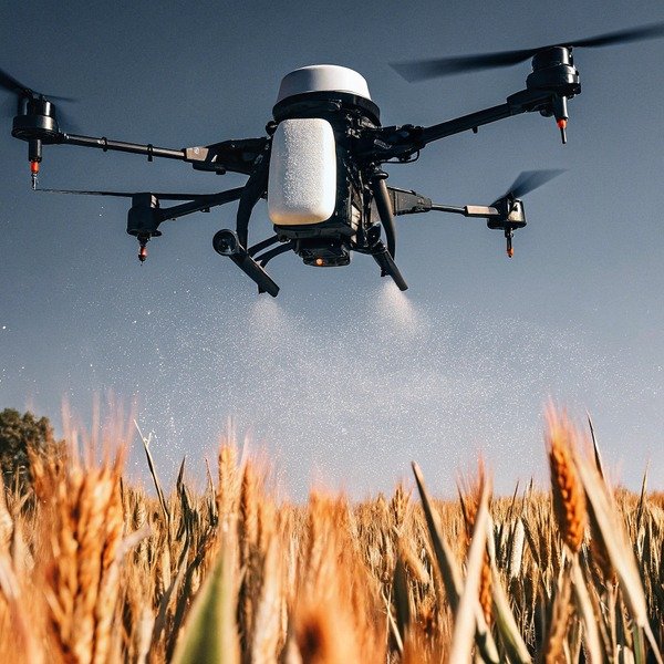 Drone spraying crops in field at sunset (ID#1)