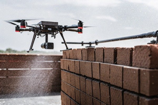 Drone spraying water over brick wall (ID#5)