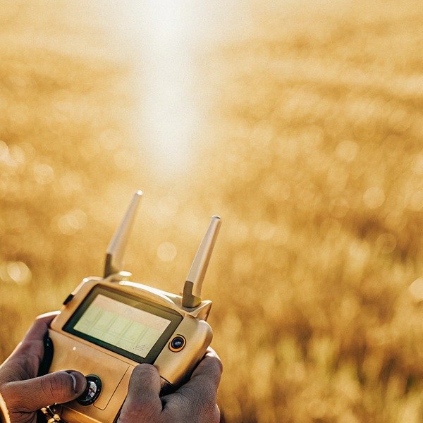 Hands holding drone remote controller in field (ID#1)