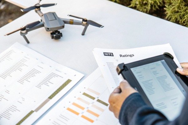 Analyse von Drohnendaten Person using tablet with drone and charts (ID#4)
