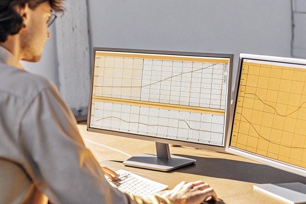 Person analyzing data on dual monitors (ID#2)