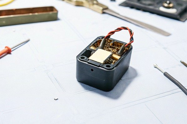 Close-up of electronic drone component on blueprint (ID#3)