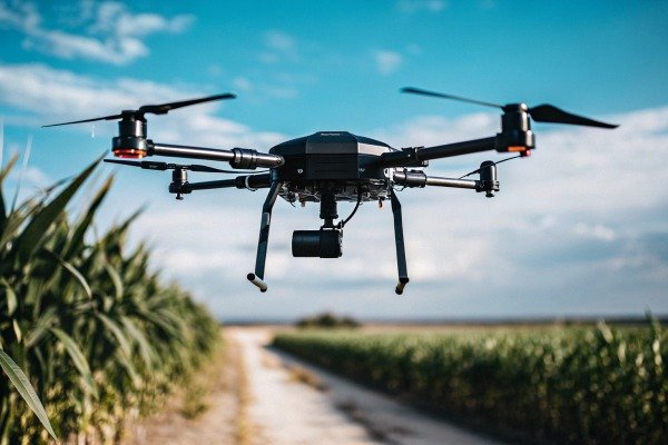 Drone flying over agricultural field with blue sky (ID#5)
