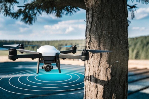 White drone flying near tree trunk (ID#2)