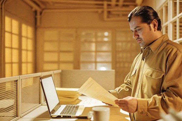 Man reviewing documents at desk with laptop (ID#3)