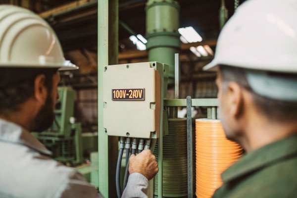 Technicians inspecting electrical panel with voltage label (ID#2)