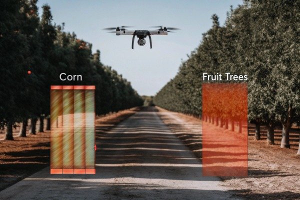 Drone flying over orchard with crop type labels (ID#5)