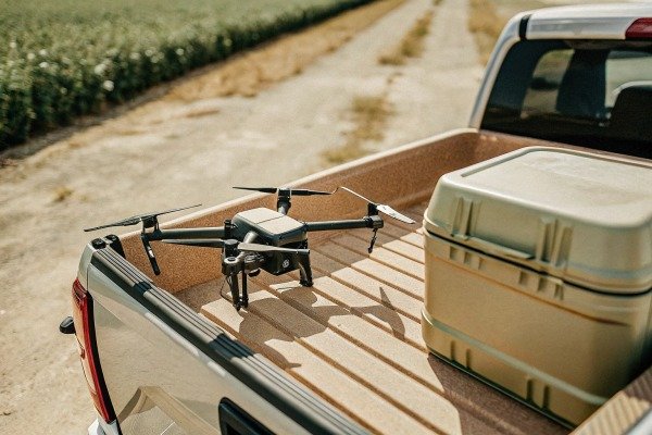 Drone on pickup truck bed in farm setting (ID#2)