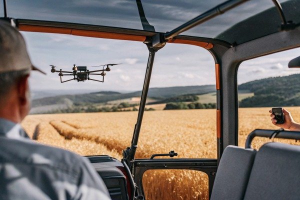 Drone flying over wheat field from inside tractor (ID#5)