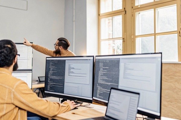 Developers coding on multiple monitors in office (ID#3)