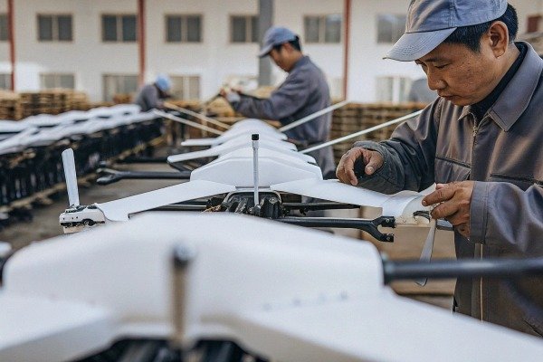 Workers inspecting drones in factory (ID#2)