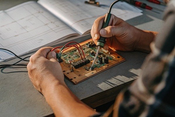 Hands soldering circuit board for drone repair (ID#3)