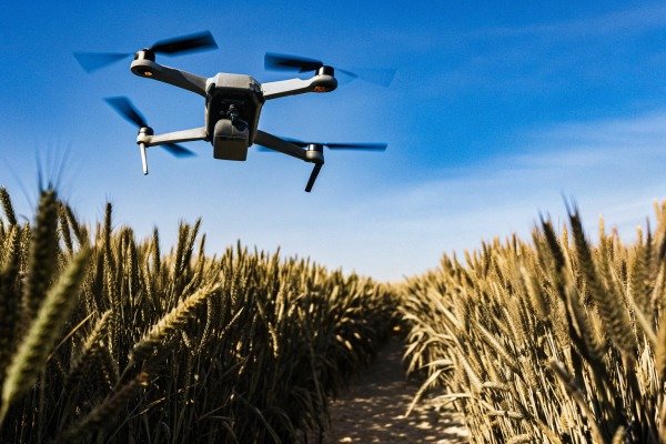 Drone flying low over wheat field in sunlight (ID#4)