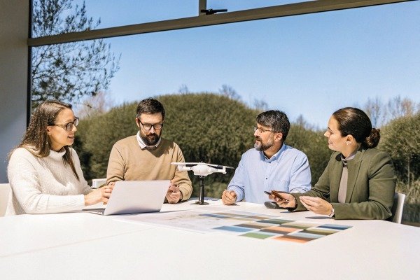 Team discussing drone model in meeting room (ID#5)