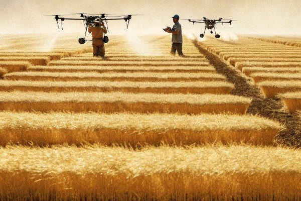 Two people operating drones over wheat field (ID#2)