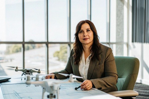 Woman with drones and blueprints in office (ID#5)