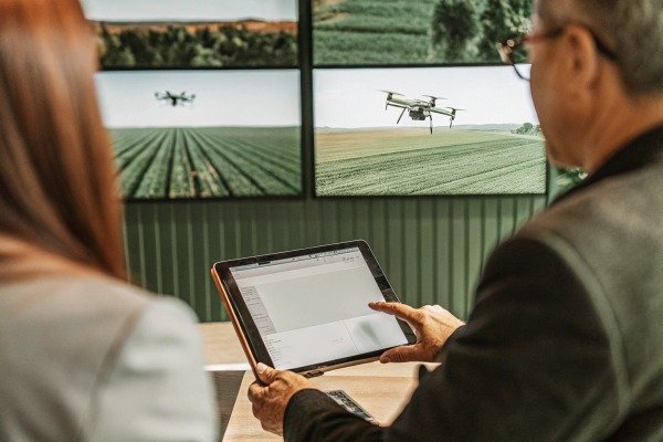 People monitoring drones on tablet indoors (ID#4)
