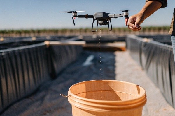Drone dropping material into bucket outdoors (ID#4)