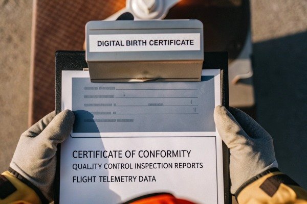 Certificate inspection Hands holding certificate of conformity document (ID#3)