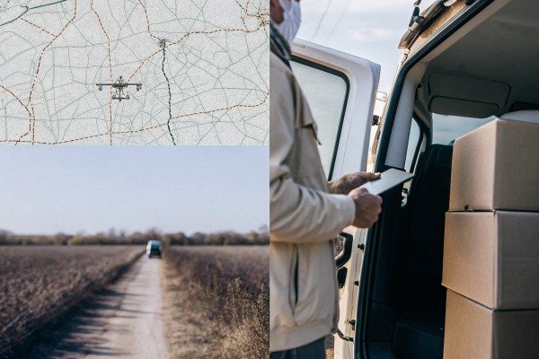 Collage de entrega de drones Collage de mapa de drones, campo y cajas de entrega (ID#5)