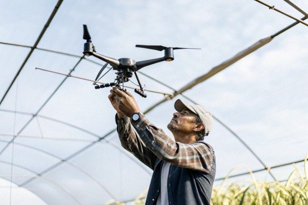 Man preparing drone inside greenhouse (ID#2)