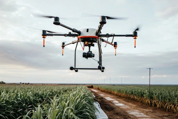 Drone flying over crop field at sunset (ID#3)