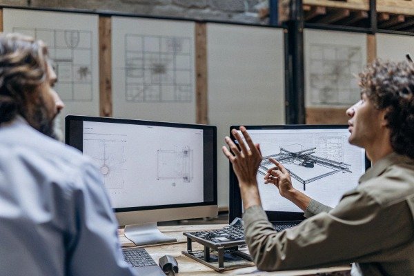 Engineers discussing drone design on computer screens (ID#4)