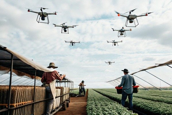 Multiple drones flying over farm workers in field (ID#5)
