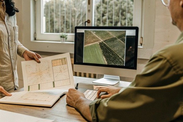 People analyzing aerial maps on computer (ID#2)