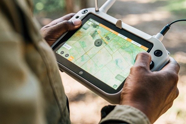 Close-up of drone controller with map display (ID#2)