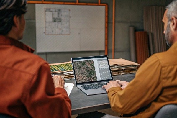 Two people analyzing drone data on laptop (ID#5)