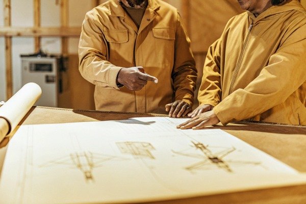 Two people discussing drone blueprints indoors (ID#3)