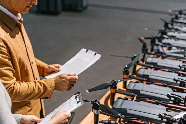 People inspecting drones on assembly line (ID#5)