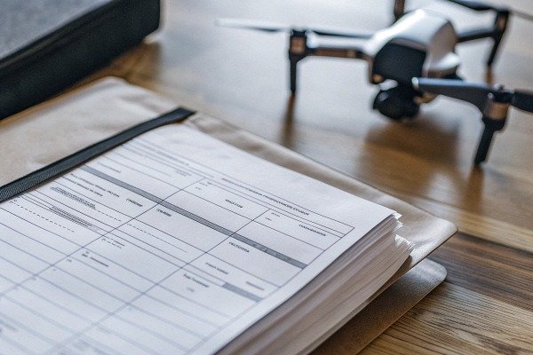 Documents and drone on wooden table (ID#2)