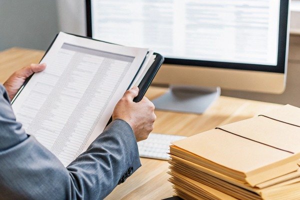 Person reviewing documents at desk with computer (ID#5)