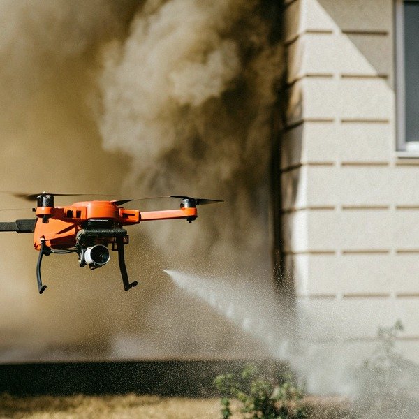Orange drone spraying water near building (ID#1)