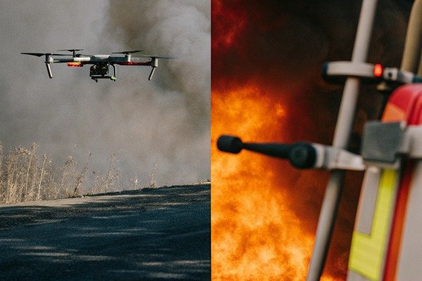 Drone flying over smoky field with fire (ID#2)