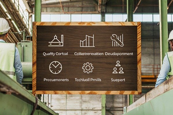 Industrial workers with wooden sign and icons (ID#5)