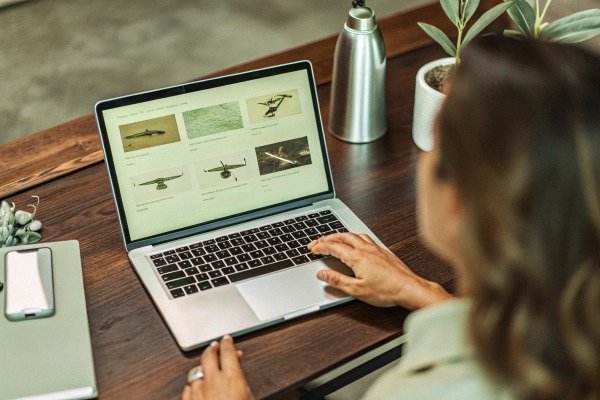 Person browsing drone images on laptop at desk (ID#5)